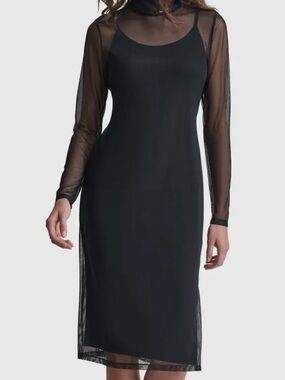 DKNY Black Mock Neck Long Sleeve Mesh Dress Size Medium